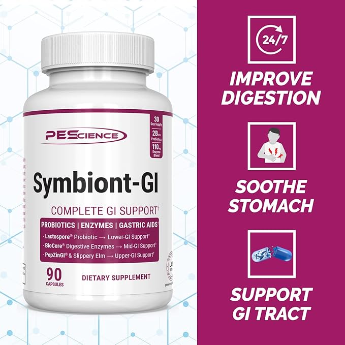 PEScience Symbiont-GI Gut Health Capsules with Zinc Carnosine Pepzin GI Shelf Stable Probiotic Digestive Enzymes Slippery Elm Bark 30 Day Supply 90 Capsules