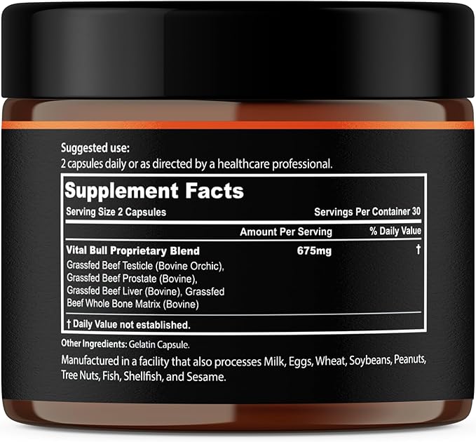 Vital Bull Beef Organ Supplement for Men with Grass Fed Liver Testicle Prostate &amp Bone Marrow – Freeze Dried Beef Organ Capsules for Nutrient Support – 30 Day Supply
