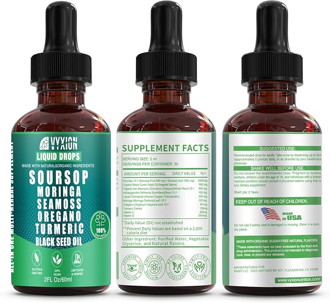 Soursop Pure Liquid Drops 10 in 1 with Sea Moss Moringa Turmeric Black Seed Oil Oregano Ashwagandha | Herbal extracts for Overall Health | Vegan Non-GMO | 4 Fl Oz