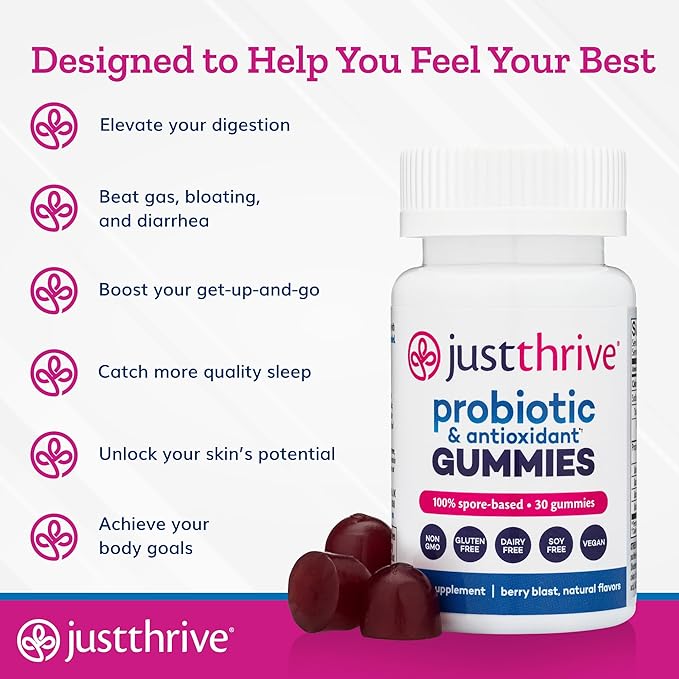 Just Thrive Probiotic Gummies - Kids Men and Womens Probiotic - for Digestive and Overall Health 30 Count