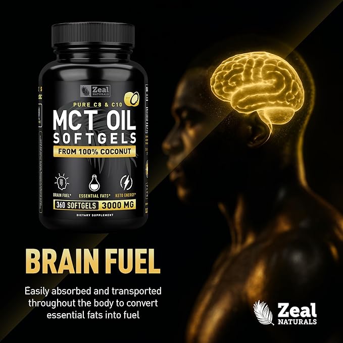 Zeal Naturals Pure MCT Oil Capsules - 3000mg 360 Softgels |C10 C8 MCT Oil Unrefined Coconut | Energy Support &amp Brain Fuel Supplement | Gluten-Free