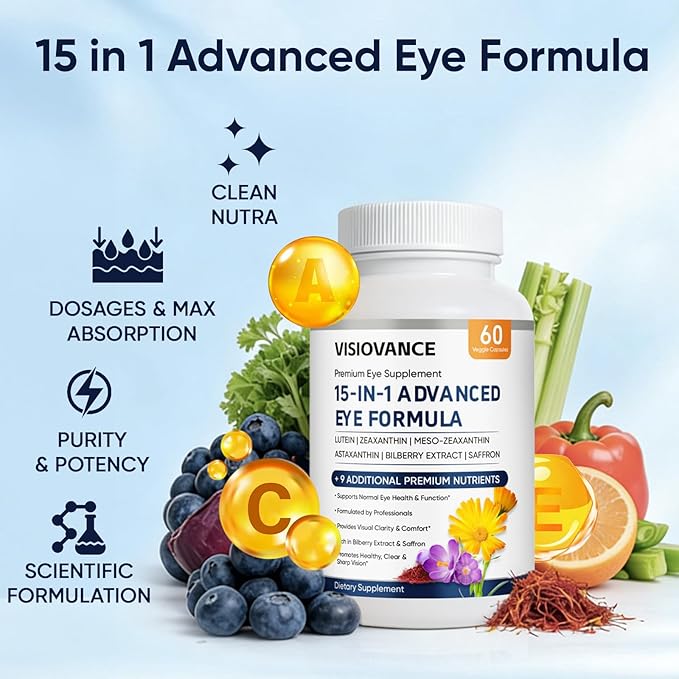 VisioVance 15 in 1 Advanced Eye Formula - Neurobella Eye Formula with All 3 Carotenoids Lutein &amp Zeaxanthin Bilberry Extract and Saffron 60ct(1)