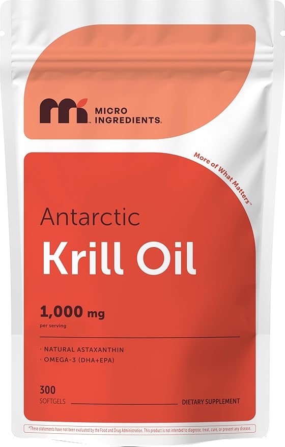 Micro Ingredients Antarctic Krill Oil Supplement 1000mg Per Serving 300 Soft-Gels Rich in Omega-3s EPA DHA &amp Natural Astaxanthin Supports Immune System &amp Brain Health Easy to Swallow
