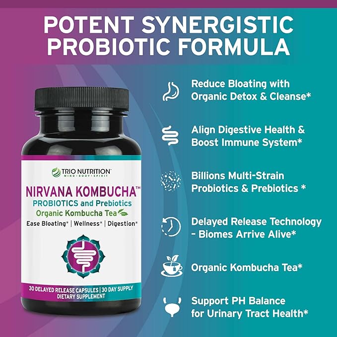 TRIO NUTRITION Nirvana Kombucha - Multi-Strain Probiotics &amp Prebiotic Blend with Organic Tea - Delayed-Release Capsules for Digestive &amp Immune Health - Bloating Relief - Natural pH Balance
