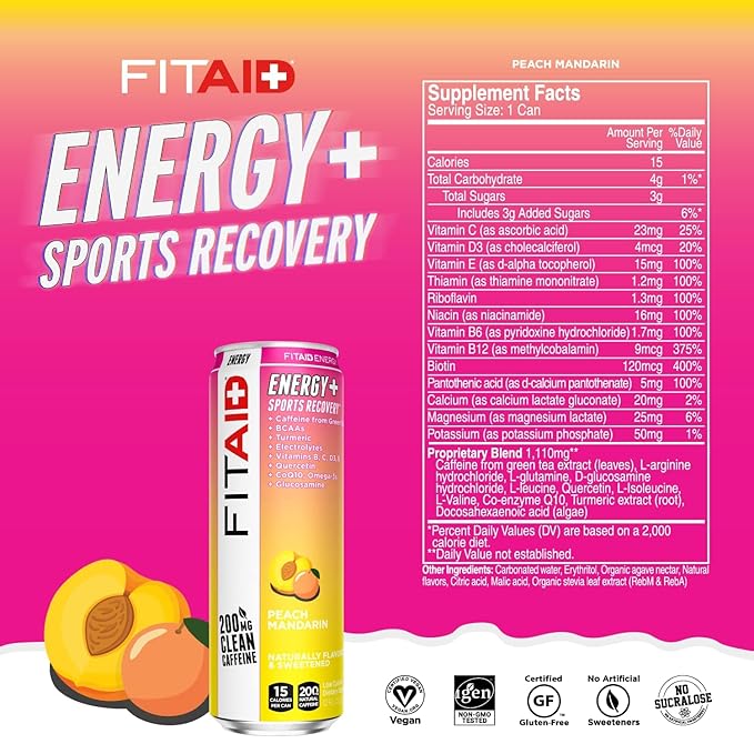 LIFEAID FITAID Energy Drink 200mg Natural Caffeine Keto 15 Calories Variety Pack BCAAs Quercetin Electrolytes Omega-3s Paleo Vegan &amp Gluten-Free 12-oz. cans (Pack of 24)