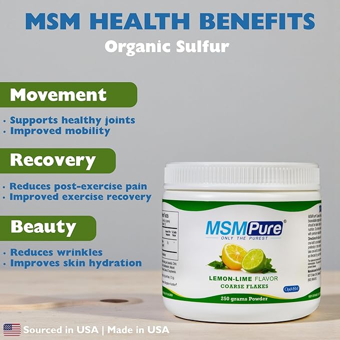 KALA HEALTH MSMPure Lemon Lime Flavored Coarse MSM Powder Flakes – Organic Sulfur for Joint Flexibility Skin Appearance and Hair &amp Nail Support – 8.8 oz USA Made Distilled Crystals