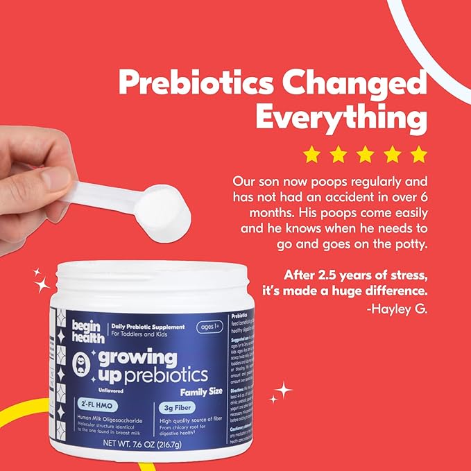 Begin Health Growing Up Prebiotics for Kids | Daily Prebiotic Fiber Supplement with 2'-FL HMO | Supports Regularity &amp Gut Health | Unflavored Powder | Ages 1+ | 56 Servings