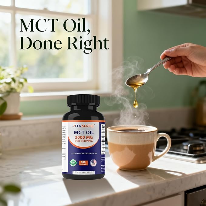 Vitamatic 2 Packs MCT Oil Capsules 3000 mg per Serving - 180 Softgels - from Coconut Oil - Contains 55% caprylic Acid C8 and 40% capric Acid C10 (Total 360 Softgel)