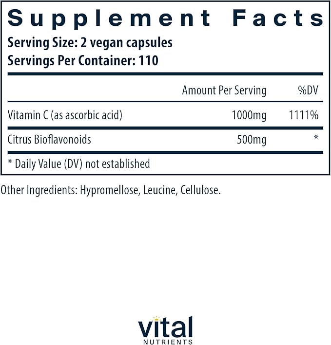 Vital Nutrients Vitamin C with Bioflavonoids - Vegan Supplement for Immune Support* - 1000mg Vitamin C and 500mg Citrus Bioflavonoid - Gluten Dairy and Soy Free - Non-GMO - 220 Capsules