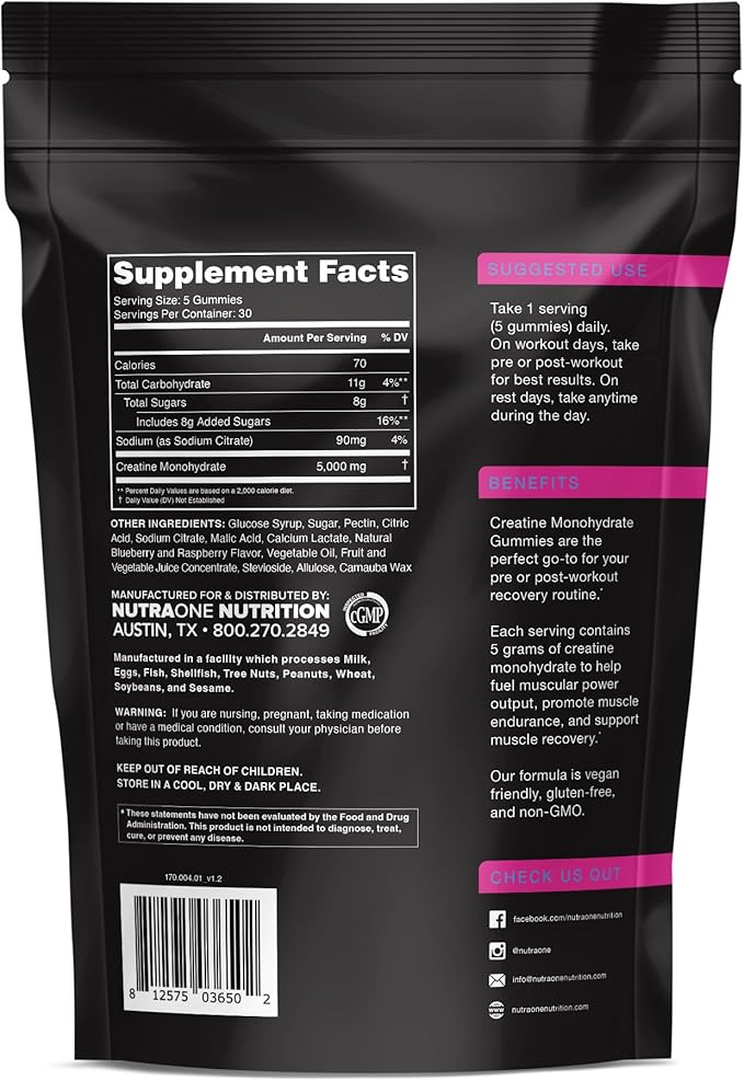 NutraOne Creatine Monohydrate Gummies Pre- and Post Workout Recovery Fuel Muscular Performance Increase Endurance Support Muscle Recovery (Sour Blue Raspberry)