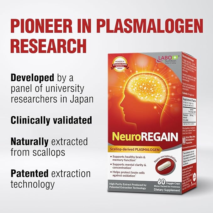 LABO Nutrition NeuroREGAIN - Scallop-derived PLASMALOGEN for Brain Deterioration Memory Alertness Learning Concentration and Other Cognitive Functions – Suitable for Seniors Adult Men &amp Women