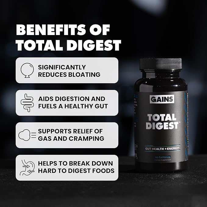 Gains in Bulk Total Digest Digestive Enzymes Prebiotics and Probiotics for Digestive Health Bloating Support Gut Health for Women and Men Promotes Protein Carb and Fat Digestion 90 Capsules