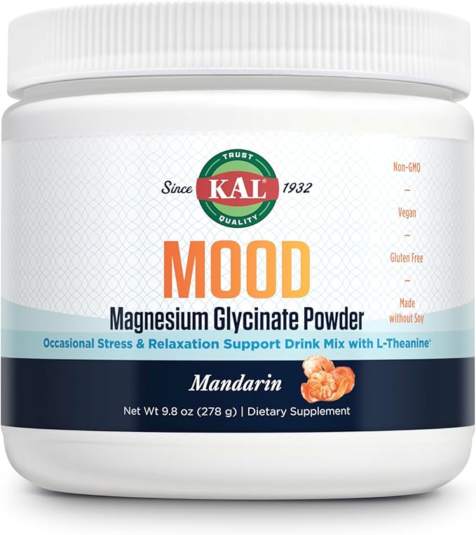 KAL Mood Magnesium Powder with L-Theanine - Mandarin Flavor Magnesium Supplement - Relaxation Support High Absorption No Added Sugar Vegan Gluten Free Made Without Soy - 40 Servings 9.8 oz