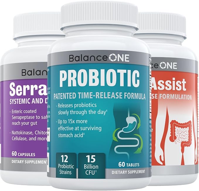 Balance ONE 2 Month Gut &amp Immune Support Bundle – Probiotic CandAssist &amp SerraDefend – 15 Billion CFUs Probiotic with Time-Release + Candida &amp Yeast Cleanse + Serrapeptase for Digestion &