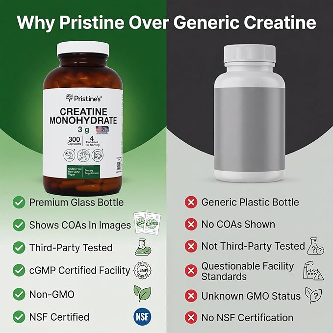 PRISTINE'S Creatine Monohydrate Capsules for Women &amp Men - NSF Certified 75 Day Supply 3G Creatine Pills for Women - Cognitive &amp Athletic Performance Support - Enhanced Recovery Glass Bottle