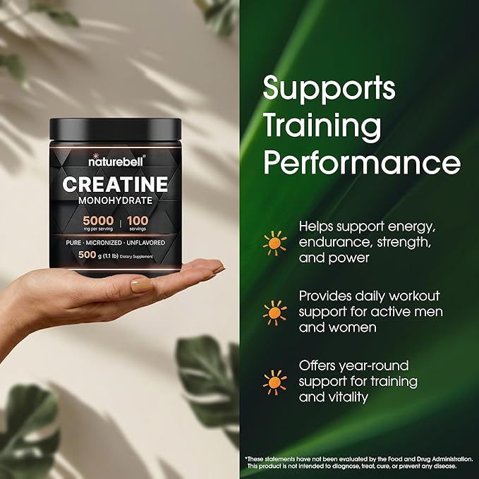 NatureBell Creatine Monohydrate Powder - 500g - Micronized Powder - Delivers 5000mg Creatine Per Serving - Pre-Workout or Post-Workout Support* - Vegan &amp Keto Friendly - Unflavored