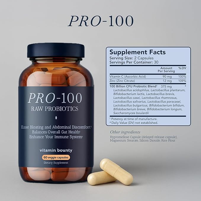 Vitamin Bounty Pro-100 Probiotic 100 Billion CFU - 13 Strains for Digestive Health &amp Immune Support - High Potency Probiotics for Women &amp Men - Delayed Release Capsules for Gut Health - 60 Cou