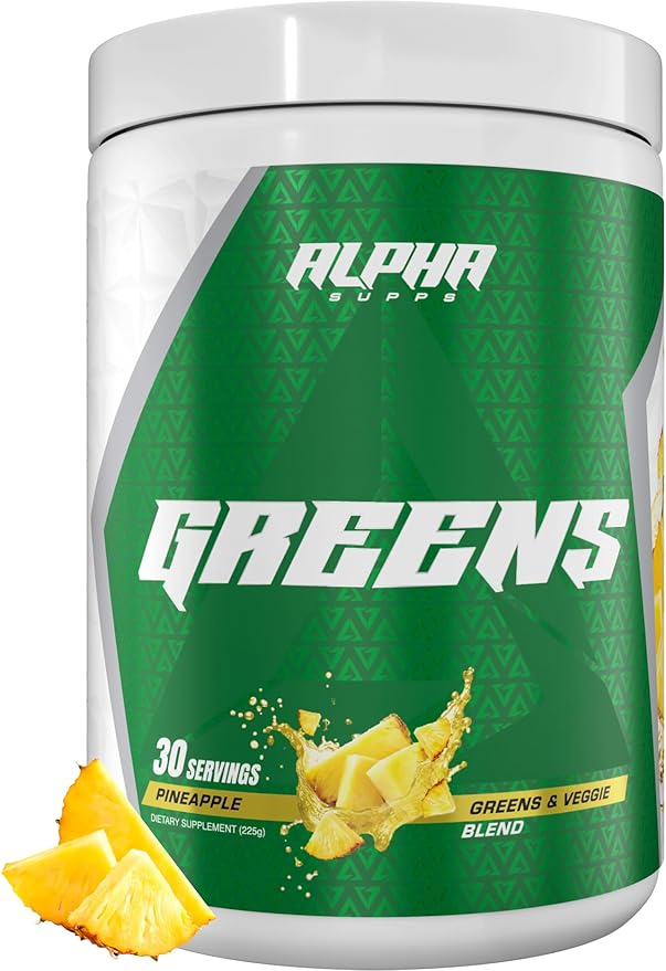 Alpha Supps - Alpha Greens Supplement | Fruit &amp Vegetable Superfood Powder | Over 40 Natural Plant Based Ingredients | Prebiotic &amp Probiotic Digestive Support Blend - 30 Servings (Pineapple)