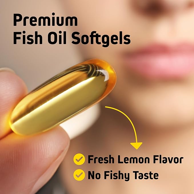 Herbtonics Omega 3 Fish Oil 1250mg - High EPA 450mg + DHA 300mg for Heart &amp Brain Health | Triple Strength Burpless Lemon Flavor Wild Caught | 180 Softgels (Up to 6 Month Supply)