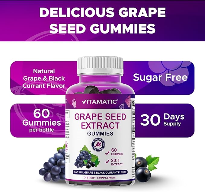 Vitamatic Grape Seed Extract Gummies – Plant-Based Botanical Extract – Natural Grape &amp Black Currant Flavor – Vegan Non-GMO – Herbal Supplement – 60 Gummies - 2 Pack