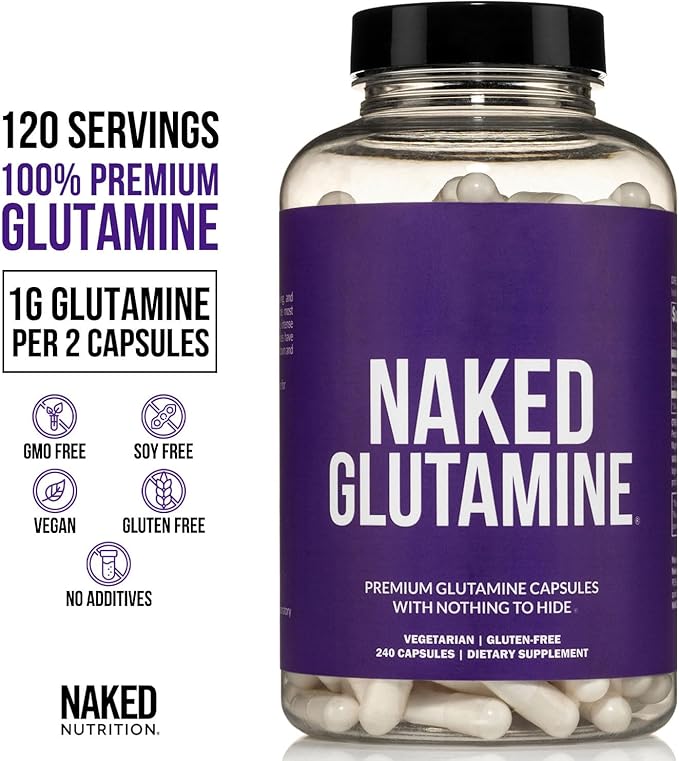 NAKED Pure Micronized Creatine Monohydrate 100 Servings + Pure L-Glutamine 240 Capsules Bundle: Vegan Non-GMO Gluten Free. Minimize Muscle Breakdown &amp Improve Protein Synthesis. Nothing Artifici