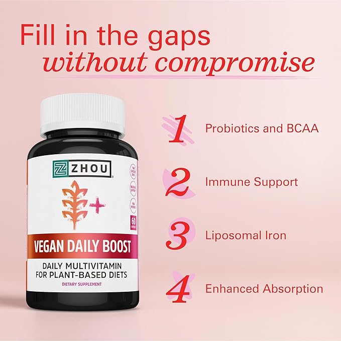 Zhou Vegan Multivitamin for Women &amp Men Daily Vegan Supplement Essential Multi Vitamin with Iron &amp Zinc for Energy Vitality Immune Support &amp Whole Body Health - 60 Veg Caps