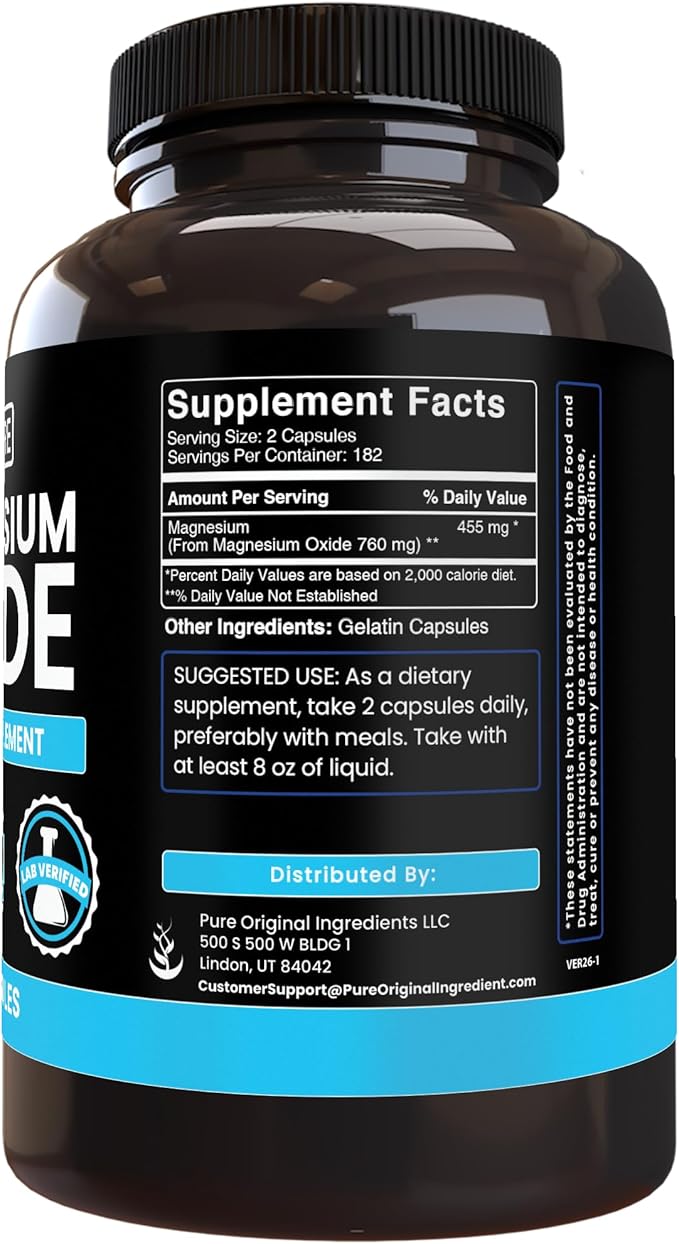 Pure Original Ingredients Magnesium Oxide No Magnesium Or Rice Fillers Always Pure Lab Verified (365 Capsules)