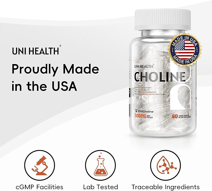 UniHealth® Choline 500 mg with VitaCholine® 60-Day Supply Liquid Vegan Capsules for Prenatal Choline Supplement Brain Health Cognitive Performance &amp Liver Support Non-GMO Gluten-Free USA Ma
