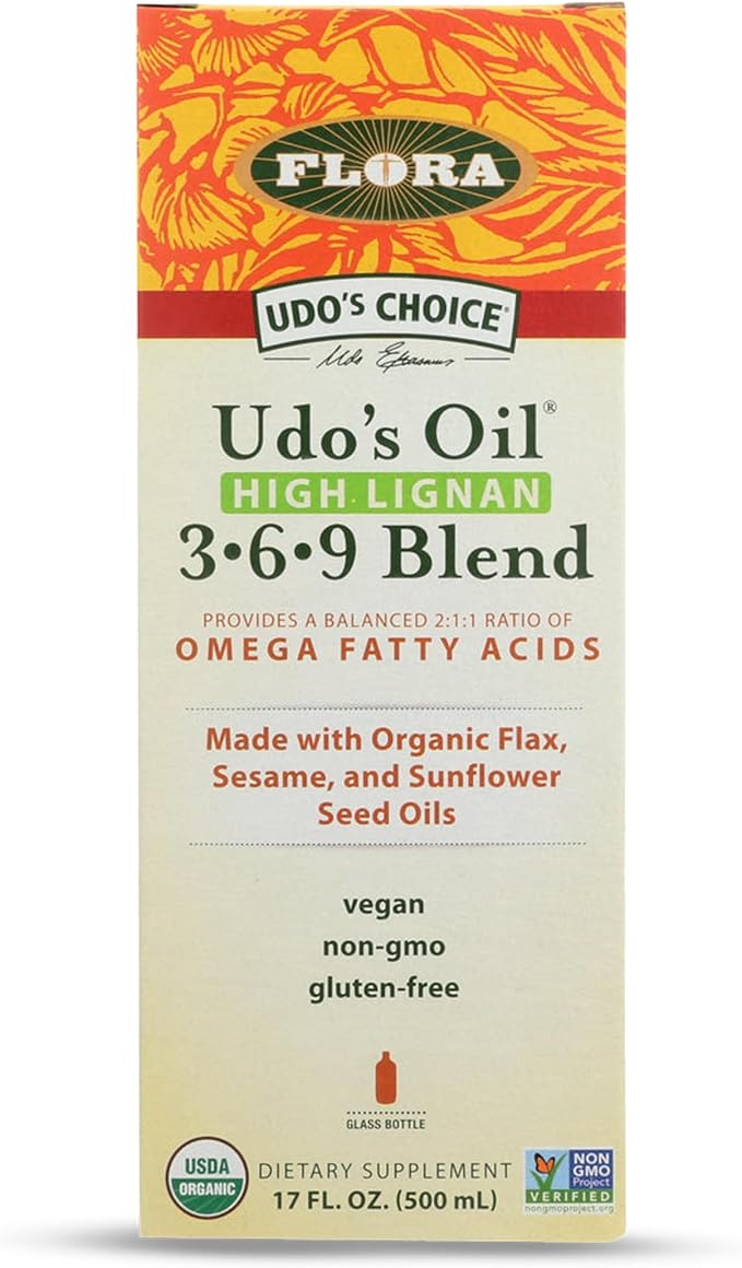 Flora - Udo's Choice High-Lignan 369 Omega Oil Blend Udo's Oil Balanced 2:1:1 Ratio of Omega Fatty Acids Made with Organic Flax Sesame &amp Sunflower Seed Oils 17-oz. Glass Bottle