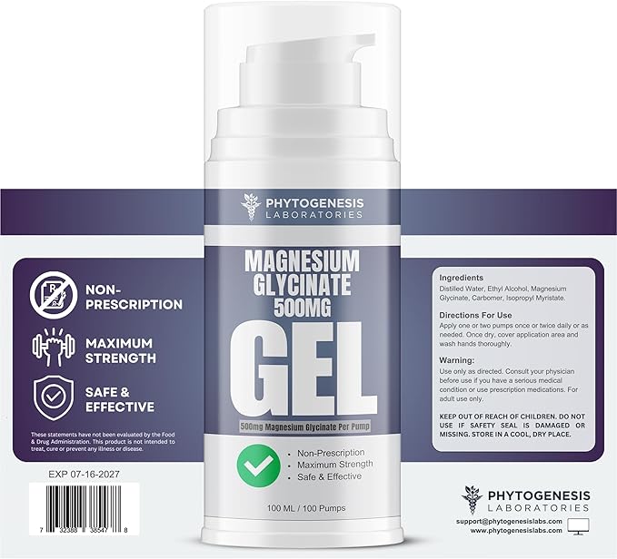Topical Magnesium Glycinate Gel – 500mg Per Pump – High Absorption Transdermal Formula – Soothes Muscles - Supports Relaxation &amp Sleep – 4oz