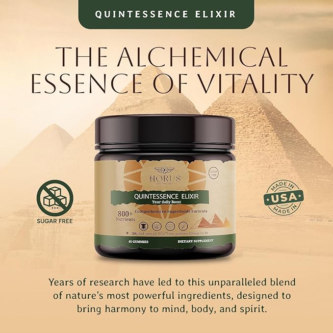 Horus Quintessence Elixir Black Seed Oil Gummies – Cold-Pressed Bee Pollen Date Palm Extract – Immune &amp Vitality Support – Sugar-Free – Made in USA – 45 Count