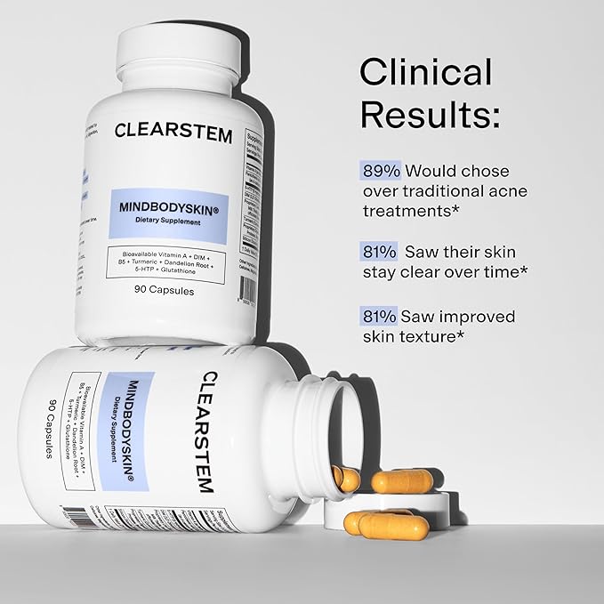 CLEARSTEM - MINDBODYSKIN Hormonal Acne Supplement (5-HTP) - Natural DIM Supplement - Skin Care Vitamins - Hormone Balance Antioxidants - Gluten Free Cruelty Free - 30 Servings 90 Capsules