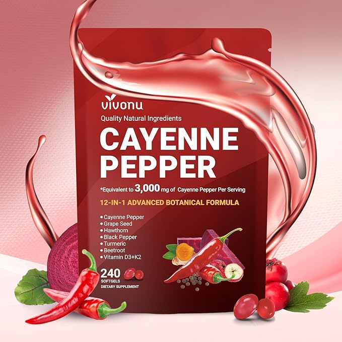 Cayenne Pepper Softgels Supplement with Vitamin E D3+K2 and Extracts of Turmeric Grape Seed Hawthorn Beetroot Berberine and Others Supports Leg Vein Heart and Blood Vessel Health (4 Pack)