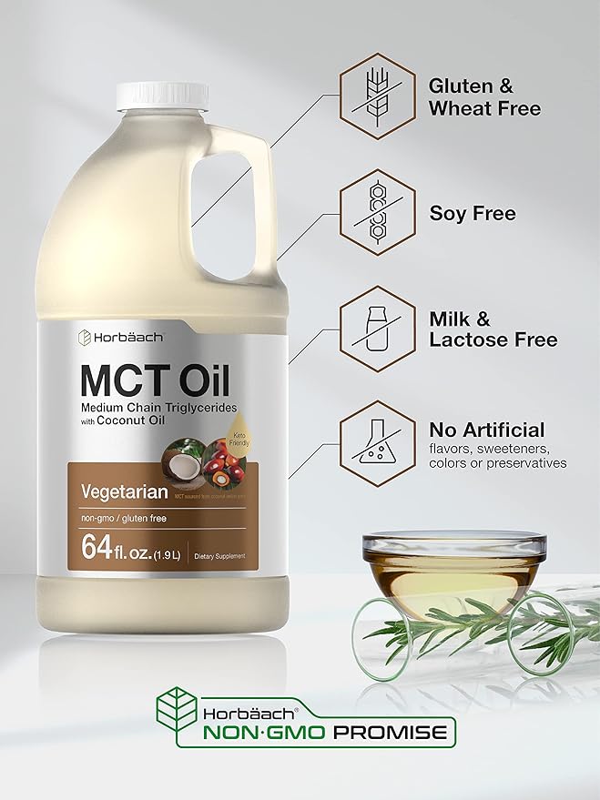 Horbäach MCT Oil 64 oz | 100% Pure | Blends with Coffee Tea Juice and Liquids | Value Size Unflavored Formula | Keto Vegetarian Non-GMO and Gluten Free