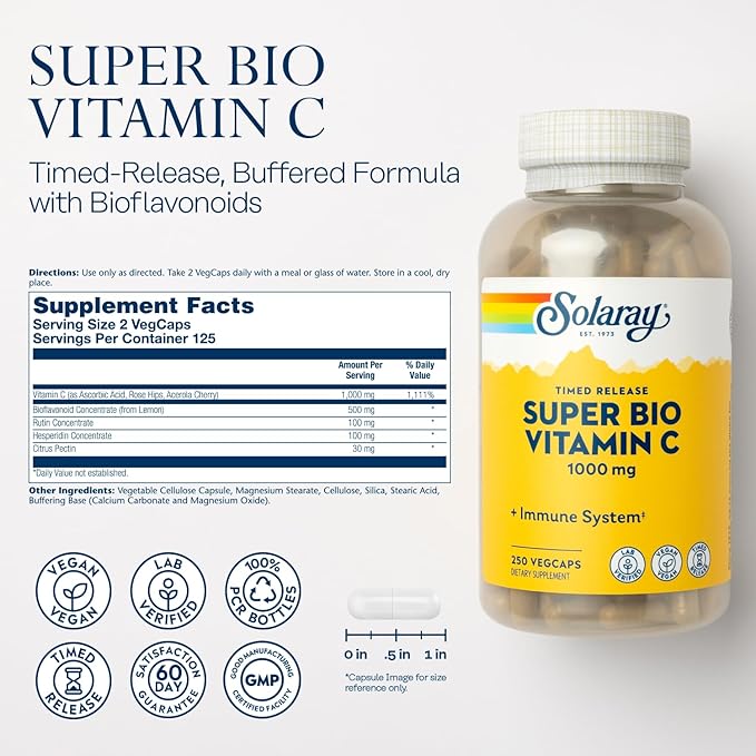 SOLARAY Super Bio Vitamin C 1000mg Buffered Two-Stage Timed Release with Bioflavonoids Immune Support Supplement High Absorption Vegan 60-Day Guarantee – 250 VegCaps