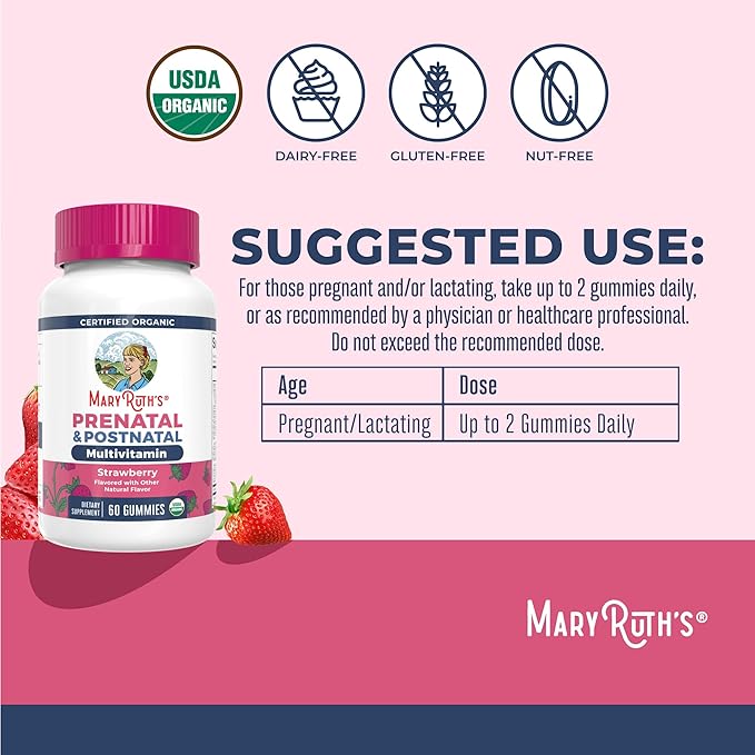 MaryRuth Organics Prenatal Vitamins for Women | USDA Organic Prenatal Gummies | Postnatal Vitamins for Women Breastfeeding | Methylfolate 800 mcg DFE | Iodine | Vegan | Non GMO | 30 Servings