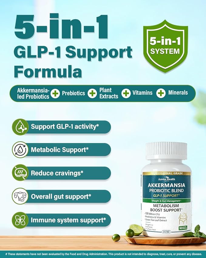 GLP-1 Supplement 100 Billion Akkermansia Probiotic &amp Prebiotic for Gut Health &amp Digestion Metabolism &amp Energy Support with Vitamin B2 &amp D Green Tea and Chromium - Non-GMO | 180 Capsu