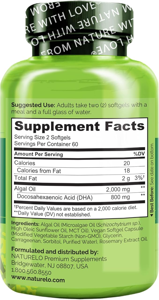 NATURELO Vegan DHA Vegan Omega 3 Supplement 120 Softgels Supports Brain/Heart/Eye Health Complements Prenatal Vitamins Essential Fatty Acids Omega 3 Supplement for Women &amp Men