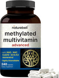 Methylated Multivitamin for Men and Women 240 Capsules | 27-in-1 Formula with Vitamins B Complex C D3 K2 NAD NAC CoQ10 Resveratrol Magnesium Zinc &amp More | Daily Essential Vitamins