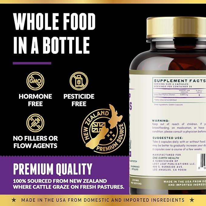 One Earth Health Grass Fed Thymus - New Zealand Sourced Thymus. 3000mg per Serving 200 Count