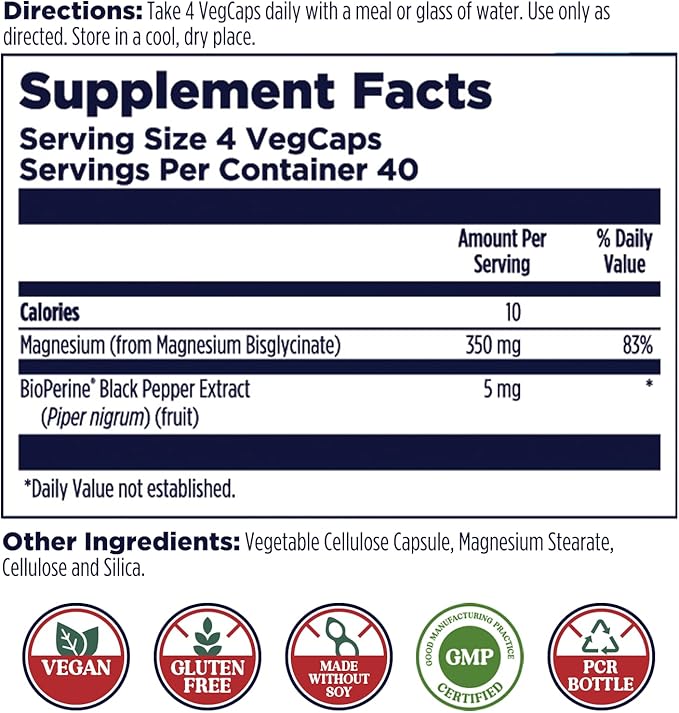 KAL Magnesium Glycinate Capsules Fully Chelated Magnesium Bisglycinate High Absorption Magnesium Supplement Healthy Bones Muscle Relaxation and Stress Support Non-GMO 160 count