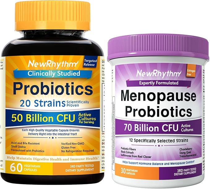 NewRhythm Probiotic Bundle: Complete Digestive Health + Menopause Relief with Black Cohosh Prebiotics 20 Strains Targeted Release Technology Non-GMO 90 Total Capsules