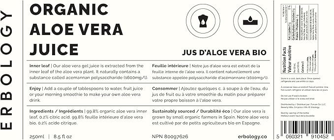 100% Organic Aloe Vera Juice 8.5 fl oz - Supports Immunity &amp Gut Health - Straight from Farm in Spain - Undiluted - No Added Sugar or Artificial Preservatives - Non-GMO - Recyclable Glass Bottle