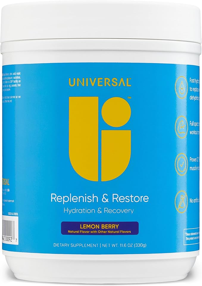 Universal U Replenish &amp Restore Powder Hydration &amp Recovery Promotes Muscle Repair and Growth Custom Dosing L-Lysine L-Glutamine L-Tryptophan No Artificial Flavors 30 Servings (Lemon B
