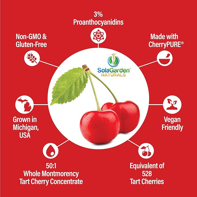 Super Strength CherryPURE Tart Cherry Supplement – 50:1 Concentrate Grown in The USA - Made with Non GMO Montmorency Cherries – by SolaGarden Naturals. 60 Non GMO Veggie Capsules.