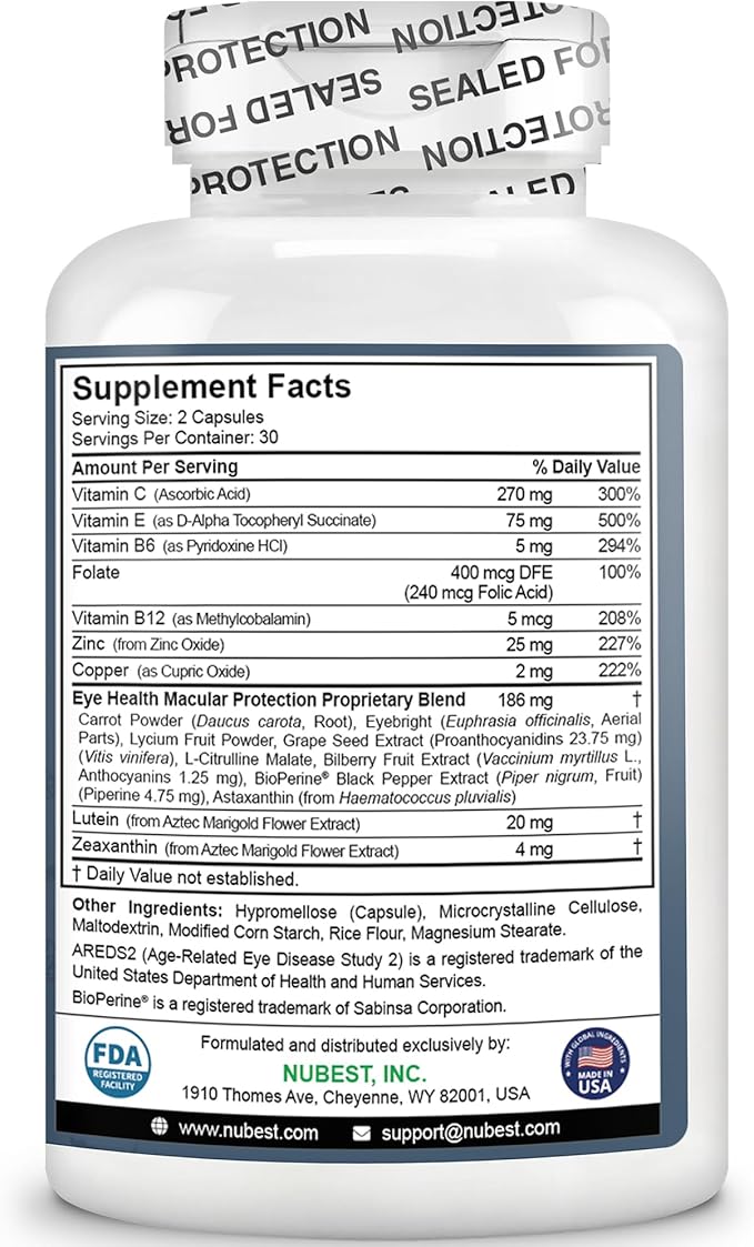 NuBest AREDS 2 Eye Vitamins with Beta Carotene Carrot Powder 20mg Lutein 4mg Zeaxanthin Bilberry Grape Seed BioPerine B-Complex Multivitamin for Eye Health | 1 Month Supply