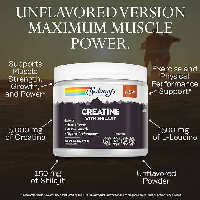 SOLARAY Creatine with Shilajit – Muscle Power and Growth Support with Creatine Monohydrate and L-Leucine Amino Acids – Unflavored Powder – Vegan Gluten Free – 30 Servings 6.1 OZ