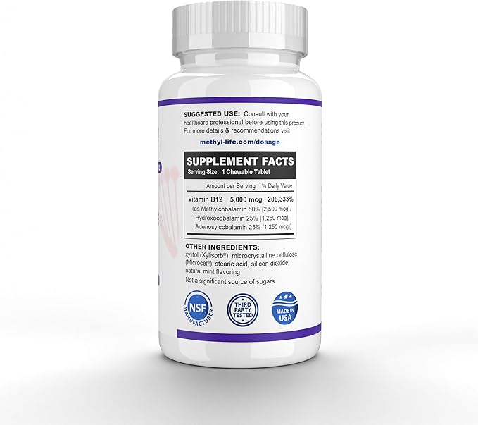 Methyl-Life® B12 Complete – 5000 mcg Methylcobalamin + Hydroxy B12 + Adenosylcobalamin | Vegan Non-GMO Gluten-Free | 90 Chewable Tablets