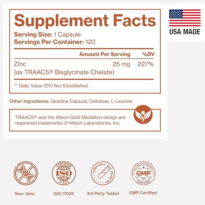 Pure Zinc Supplement 25mg - TRAACS Bisglycinate Chelate - 120 Capsules for Immune Support Skin Health &amp Energy - for Men &amp Women