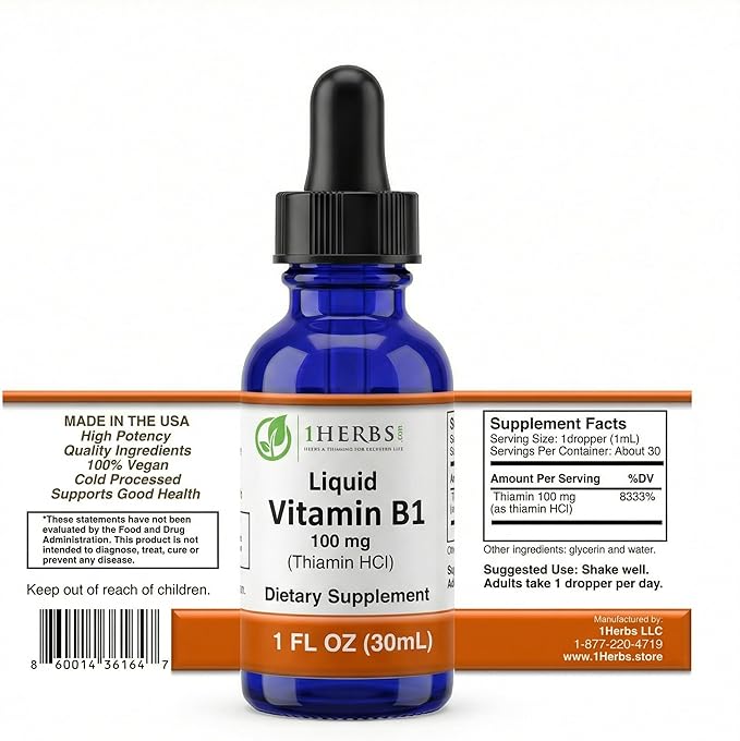 Vitamin B1 Liquid Drops Supplement – Thiamine HCl 100mg – Vitamin B1 Liquid for Energy Metabolism Nervous System Support – Thiamine Liquid Vitamins for Adults – 1 fl oz
